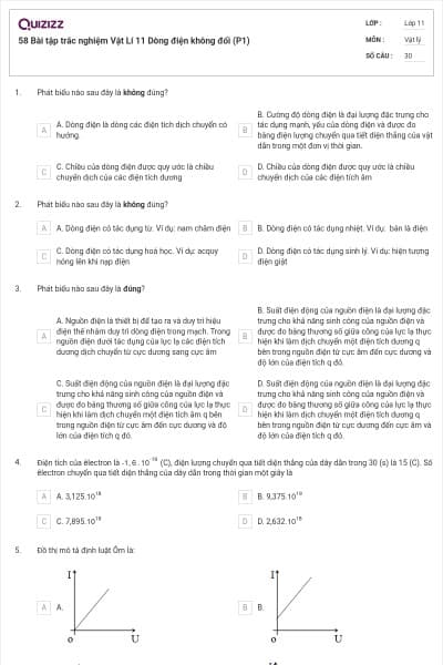 58 Bài tập trắc nghiệm Vật Lí 11 Dòng điện không đổi (P1)