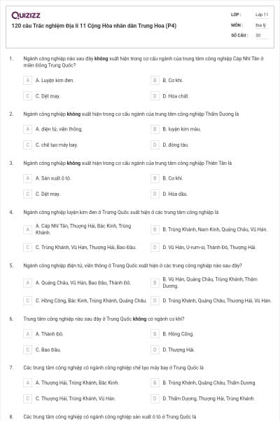 120 câu  Trắc nghiệm Địa lí 11 Cộng Hòa nhân dân Trung Hoa (P4)