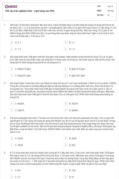 150 câu trắc nghiệm Este - Lipit nâng cao (P6)