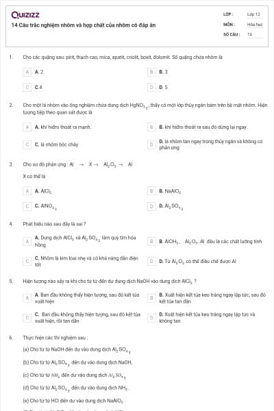 14 Câu trắc nghiệm nhôm và hợp chất của nhôm có đáp án