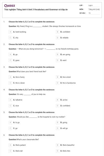 Trắc nghiệm Tiếng Anh 6 Unit 3 Vocabulary and Grammar có đáp án