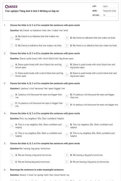 Trắc nghiệm Tiếng Anh 6 Unit 3 Writing có đáp án