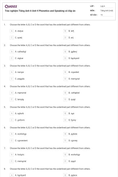Trắc nghiệm Tiếng Anh 6 Unit 4 Phonetics and Speaking có đáp án
