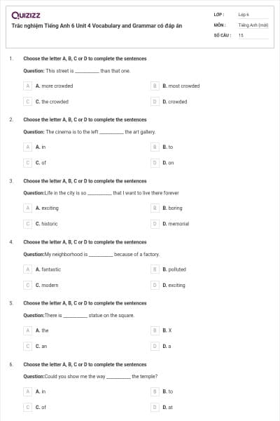 Trắc nghiệm Tiếng Anh 6 Unit 4 Vocabulary and Grammar có đáp án