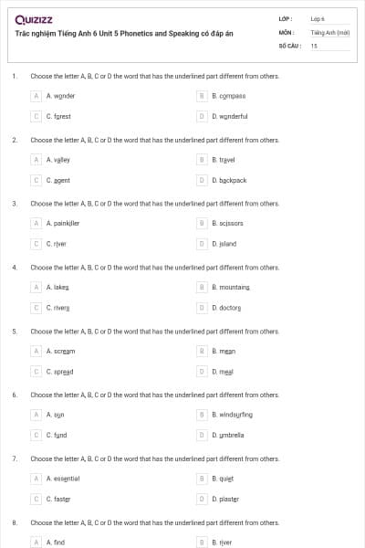 Trắc nghiệm Tiếng Anh 6 Unit 5 Phonetics and Speaking có đáp án