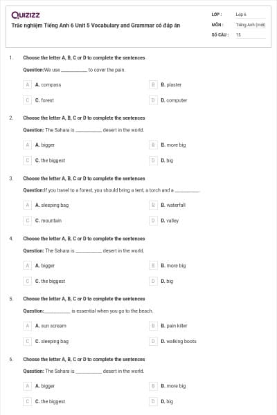 Trắc nghiệm Tiếng Anh 6 Unit 5 Vocabulary and Grammar có đáp án