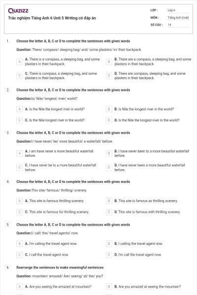 Trắc nghiệm Tiếng Anh 6 Unit 5 Writing có đáp án
