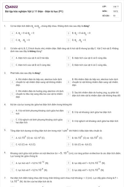 Bài tập trắc nghiệm Vật Lí 11 Điện - Điện từ học (P1)