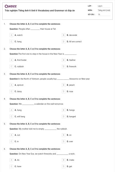 Trắc nghiệm Tiếng Anh 6 Unit 6 Vocabulary and Grammar có đáp án