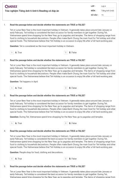 Trắc nghiệm Tiếng Anh 6 Unit 6 Reading có đáp án