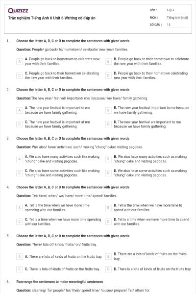 Trắc nghiệm Tiếng Anh 6 Unit 6 Writing có đáp án