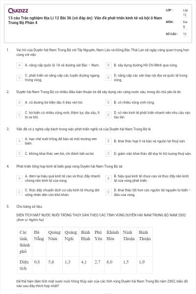 13 câu Trắc nghiệm Địa Lí 12 Bài 36 (có đáp án): Vấn đề phát triển kinh tế-xã hội ở Nam Trung Bộ Phần 4