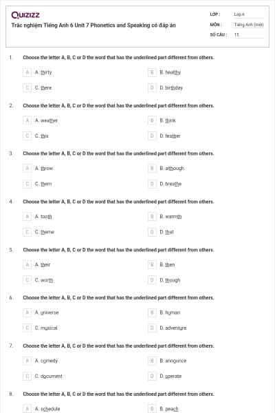 Trắc nghiệm Tiếng Anh 6 Unit 7 Phonetics and Speaking có đáp án