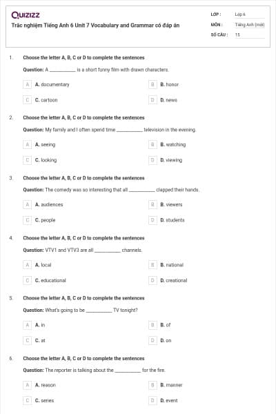 Trắc nghiệm Tiếng Anh 6 Unit 7 Vocabulary and Grammar có đáp án
