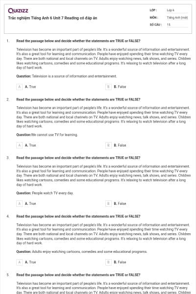 Trắc nghiệm Tiếng Anh 6 Unit 7 Reading có đáp án
