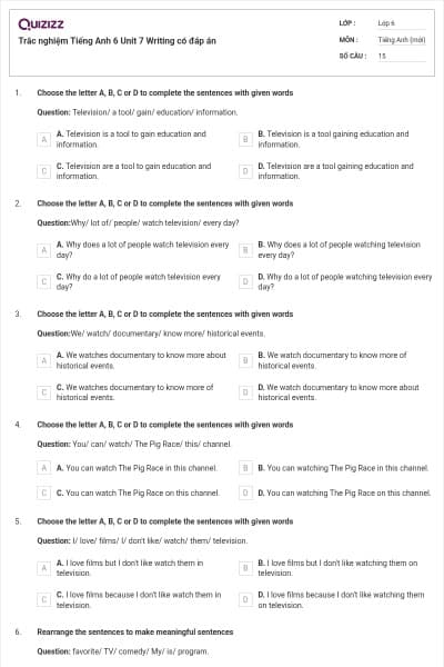Trắc nghiệm Tiếng Anh 6 Unit 7 Writing có đáp án