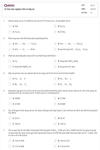 16 Câu trắc nghiệm Sắt có đáp án