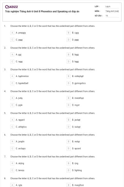 Trắc nghiệm Tiếng Anh 6 Unit 8 Phonetics and Speaking có đáp án
