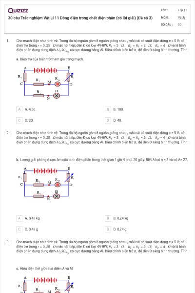 30 câu Trắc nghiệm Vật Lí 11 Dòng điện trong chất điện phân (có lời giải) (Đề số 3)
