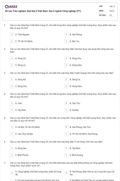 40 câu Trắc nghiệm Alat Địa lí Việt Nam: Địa lí ngành Công nghiệp (P1)