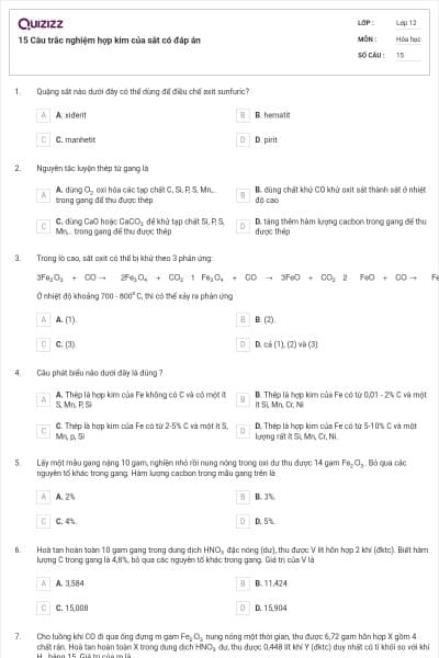 15 Câu trắc nghiệm hợp kim của sắt có đáp án