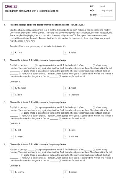 Trắc nghiệm Tiếng Anh 6 Unit 8 Reading có đáp án