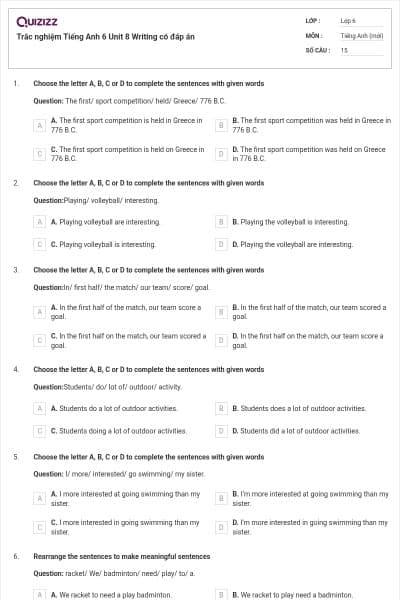 Trắc nghiệm Tiếng Anh 6 Unit 8 Writing có đáp án