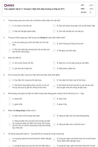 Trắc nghiệm Vật lý 11 chương 1 Điện tích điện trường có đáp án (P1)