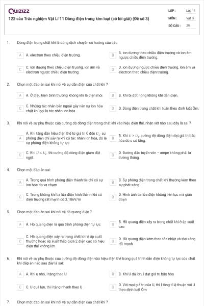 122 câu  Trắc nghiệm Vật Lí 11 Dòng điện trong kim loại (có lời giải) (Đề số 3)
