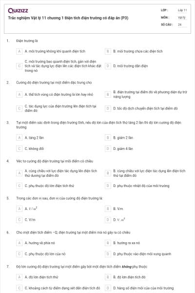 Trắc nghiệm Vật lý 11 chương 1 Điện tích điện trường có đáp án (P3)