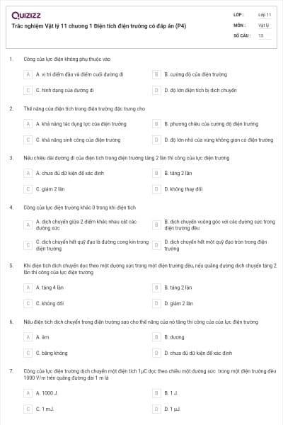Trắc nghiệm Vật lý 11 chương 1 Điện tích điện trường có đáp án (P4)