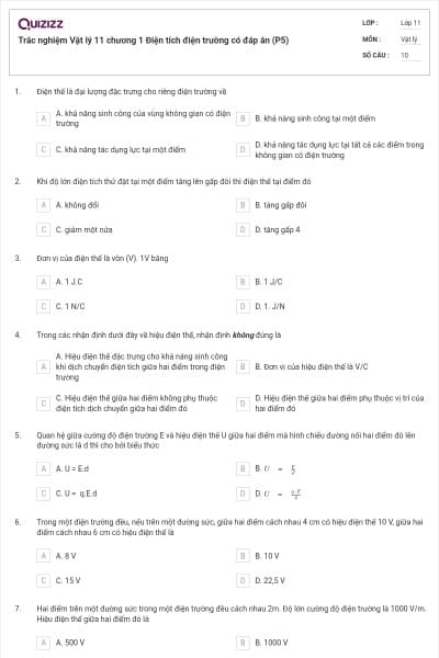 Trắc nghiệm Vật lý 11 chương 1 Điện tích điện trường có đáp án (P5)