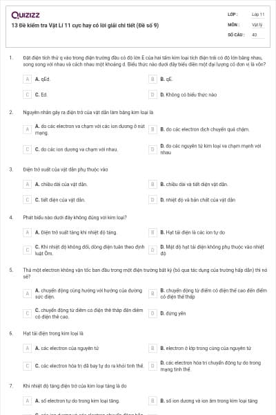 13 Đề kiểm tra Vật Lí 11 cực hay có lời giải chi tiết (Đề số 9)