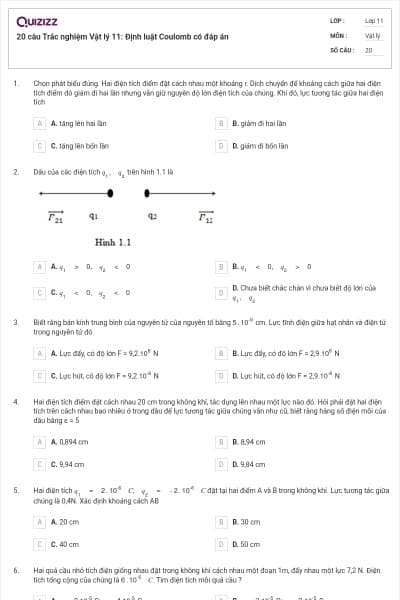 20 câu  Trắc nghiệm Vật lý 11: Định luật Coulomb có đáp án