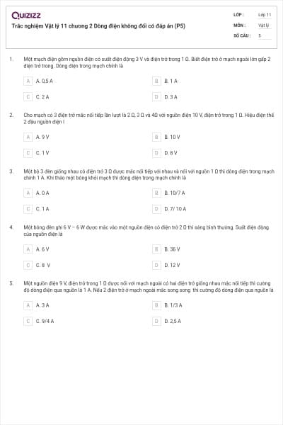 Trắc nghiệm Vật lý 11 chương 2 Dòng điện không đổi có đáp án (P5)