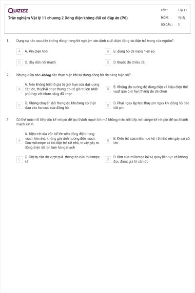 Trắc nghiệm Vật lý 11 chương 2 Dòng điện không đổi có đáp án (P6)