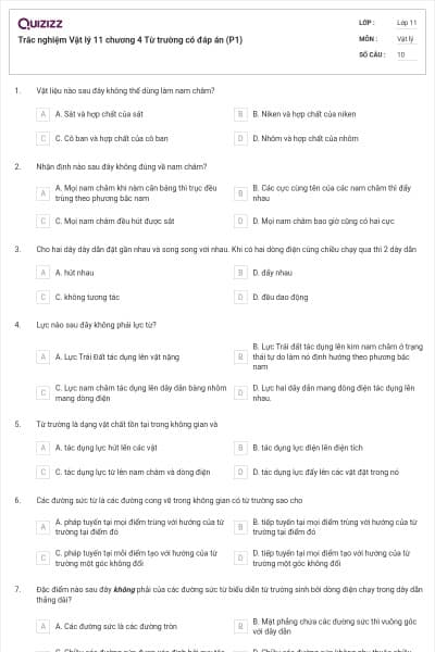 Trắc nghiệm Vật lý 11 chương 4 Từ trường có đáp án (P1)
