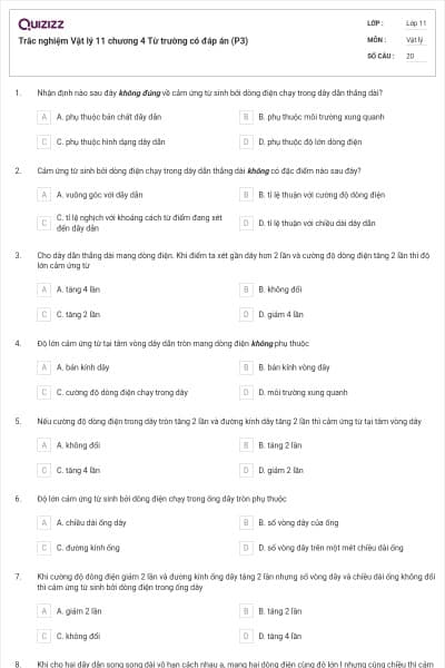 Trắc nghiệm Vật lý 11 chương 4 Từ trường có đáp án (P3)
