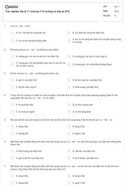 Trắc nghiệm Vật lý 11 chương 4 Từ trường có đáp án (P4)