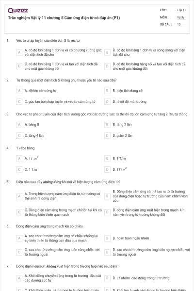 Trắc nghiệm Vật lý 11 chương 5 Cảm ứng điện từ có đáp án (P1)