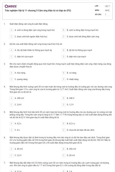 Trắc nghiệm Vật lý 11 chương 5 Cảm ứng điện từ có đáp án (P2)