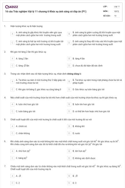 16 câu Trắc nghiệm Vật lý 11 chương 6 Khúc xạ ánh sáng có đáp án (P1)