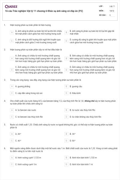 16 câu Trắc nghiệm Vật lý 11 chương 6 Khúc xạ ánh sáng có đáp án (P2)