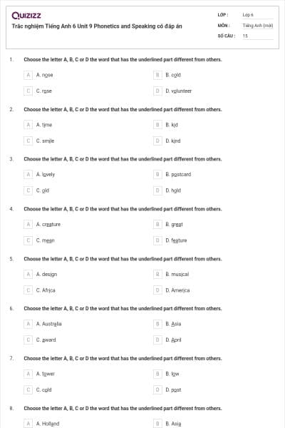 Trắc nghiệm Tiếng Anh 6 Unit 9 Phonetics and Speaking có đáp án