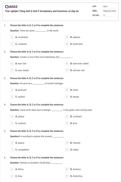 Trắc nghiệm Tiếng Anh 6 Unit 9 Vocabulary and Grammar có đáp án
