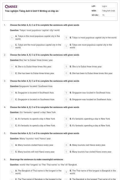 Trắc nghiệm Tiếng Anh 6 Unit 9 Writing có đáp án