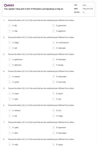 Trắc nghiệm Tiếng Anh 6 Unit 10 Phonetics and Speaking có đáp án