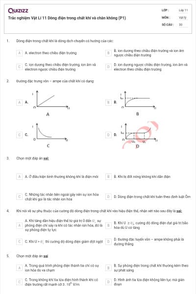 Trắc nghiệm Vật Lí 11 Dòng điện trong chất khí và chân không (P1)