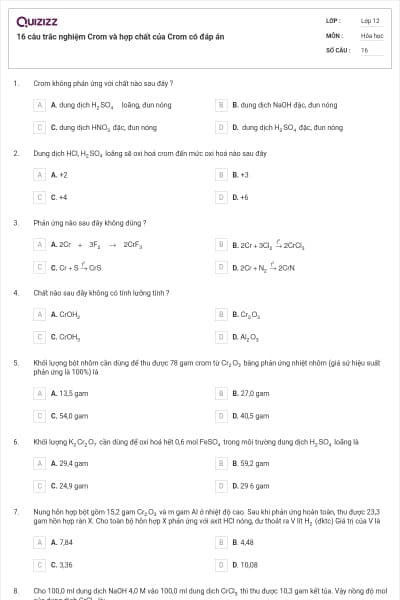 16 câu trắc nghiệm Crom và hợp chất của Crom có đáp án