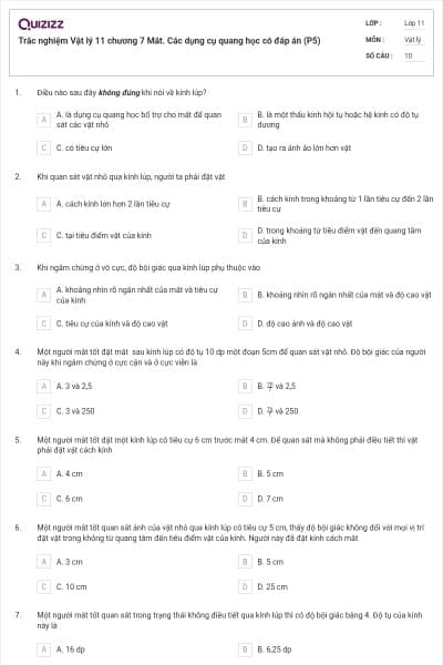 Trắc nghiệm Vật lý 11 chương 7 Mắt. Các dụng cụ quang học có đáp án (P5)